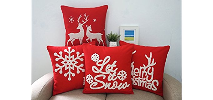 Howarmer Cotton Embroidered Red Decorative Throw Pillows Christmas Cover - Set of 4 cases Deer,let It Snow,merry Christmas,white Snow